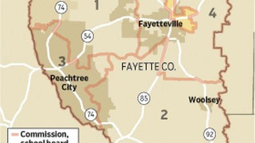 Court-ordered district map of Fayette County that includes the mostly-black District 5, in yellow. (Staff map by Robert Calzada)