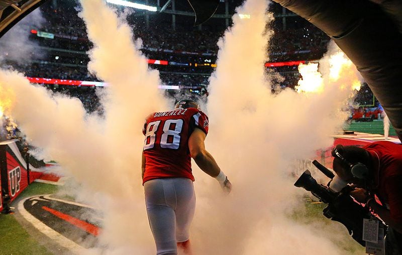 Since last running onto the field with the Falcons in 2013, Tony Gonzalez has kept a busy media schedule. (Curtis Compton/AJC)