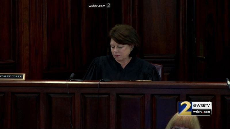 Judge Mary Staley Clark asks Justin Ross Harris if he understands that the choice to testify or not is his alone. Harris chose not to testify at his murder trial at the Glynn County Courthouse in Brunswick, Ga., on Friday, Nov. 4, 2016. (screen capture via WSB-TV)