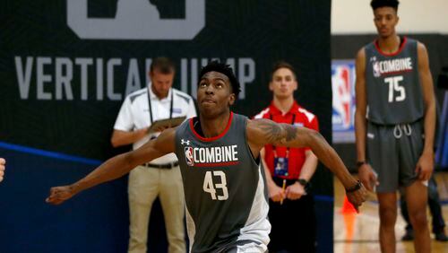 Kansas State’s Wesley Iwundu participates in the running vertical jump at the NBA basketball draft combine Thursday, May 11, 2017, in Chicago. (AP Photo/Charles Rex Arbogast)