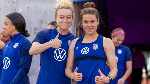 U.S. World Cup team members Emily Sonnett (left) and Kelley O'Hara offer their approval prior to a training session on June 27, 2022 in Sandy, Utah. (Brad Smit/U.S. Soccer/ISI Photos)