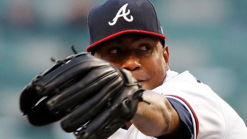 Julio Teheran  of the Atlanta Braves pitches in the first inning against the Philadelphia Phillies at SunTrust Park on April 16, 2018 in Atlanta, Georgia.  (Photo by Kevin C. Cox/Getty Images)