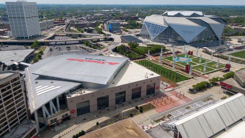 State Farm Arena, Mercedes-Benz Stadium and other sports venues went quiet when the coronavirus pandemic shut down the sports world in March 2020. (Hyosub Shin/hshin@ajc.com)
