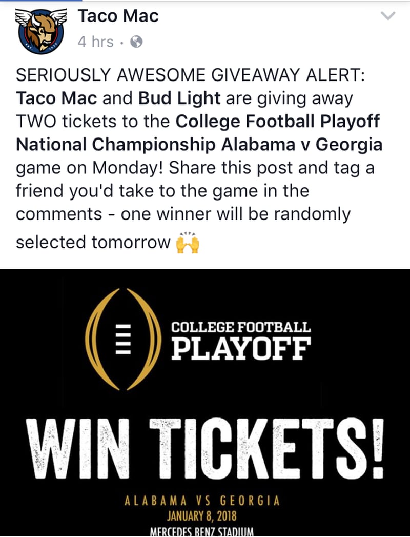  Taco Mac is giving away a pair of tickets.