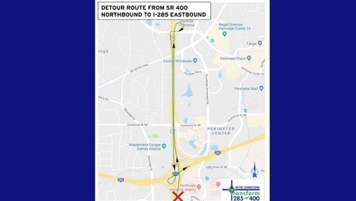 The ramp from northbound Ga. 400 to eastbound I-285 will be closed nightly from Friday, Sept. 7, through Sunday, Sept. 9. A detour will direct motorists to exist at Abernathy Road to Sandy Springs, get back on Ga. 400 going south, and proceed to the I-285 interchange. GEORGIA DEPARTMENT OF TRANSPORTATION