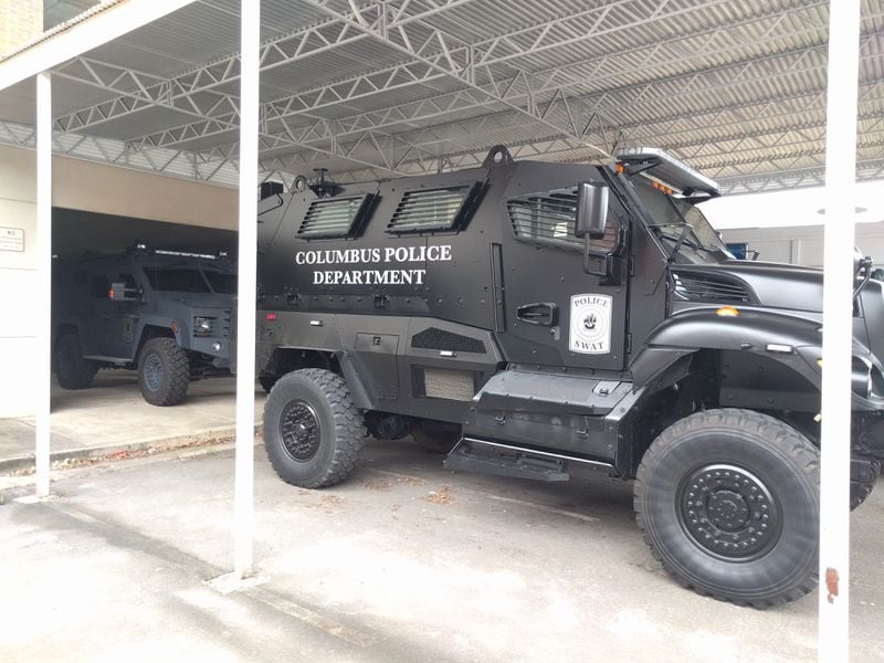 A Columbus Police Department "mrap," a former military vehicle that can be used for rescues in flooded streets.