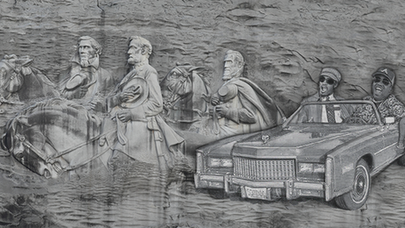 The rendering by cartoonist Mack Williams of Outkast on Stone Mountain.