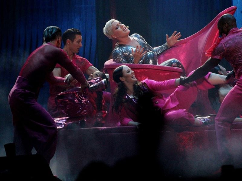  Pink has some fun with her dancers at Philips Arena. Photo: Melissa Ruggieri/AJC