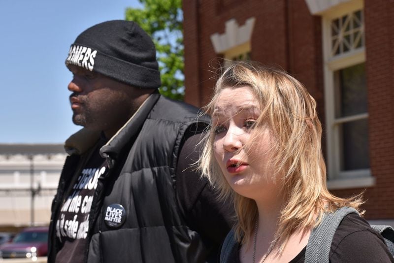 Samantha Binion and Haroun Wakil at Tuesday press conference: “This type of hatred, this type of tyranny, this aggression – I don’t want it in my hometown in Newnan, not in Georgia, not in America, not anywhere,” said Binion. Hyosub Shin / hshin@ajc.com