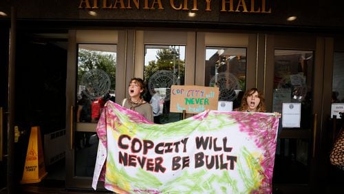 A gathering of protesters chants outside Atlanta City Hall prior to the conclusive vote on legislation approving the allocation of funds for the public safety training center on June 5, 2023. (Miguel Martinez/The Atlanta Journal-Constitution/TNS)