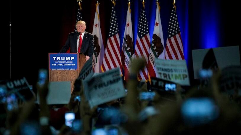 FILE -- Donald Trump, the presumed Republican presidential nominee, onstage during a campaign rally at the San Jose Convention Center in San Jose, Calif., June 2, 2016. Trump has hired experienced Republican handlers from the conventional campaign circles, but even those veteran strategists may be thwarted by his volatility as he heads toward the general election. (Damon Winter/The New York Times)