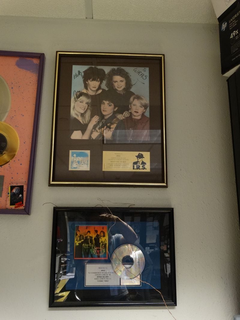 The WRAS office wall features records from the Go Go's and the B-52s that go back decades. CREDIT: Rodney Ho/rho@ajc.com