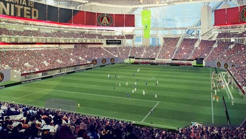 A view of Mercedes-Benz Stadium configured for an MLS Atlanta United soccer match.