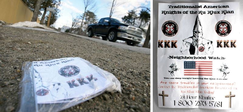 Photos show crudely printed Ku Klux Klan fliers folded into sandwich bags, weighted with pebbles and left on driveways in Freeport, Maine the morning of Jan. 30, 2017. Frank Ancona Jr., the "imperial wizard" of the small Missouri-based Ku Klux Klan chapter responsible for the fliers, was shot and killed Feb. 9, less than two weeks after the fliers were distributed. Ancona's wife, Malissa Ancona, pleaded guilty April 19, 2019, to charges of murder, tampering with evidence and abandonment of a corpse in the slaying, which she said took place after her husband asked for a divorce. Her son, Paul Edward Jinkerson Jr., faces similar charges at his trial next month.
