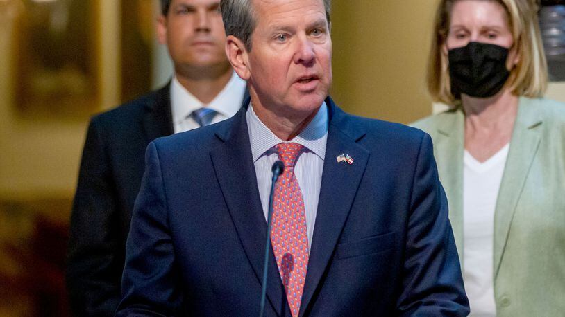 Gov. Brian Kemp talks to the press before signing HB 479, which repeals Georgia's citizen's arrest law at the State Capital Monday, May 10, 2021.    STEVE SCHAEFER FOR THE ATLANTA JOURNAL-CONSTITUTION