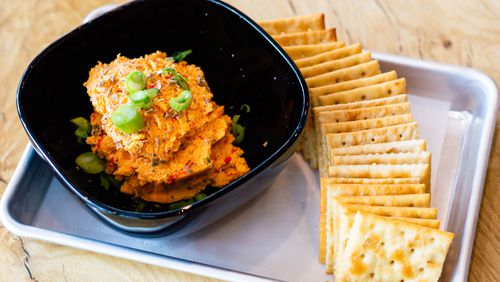 SweetWater Taproom's pimento cheese, made with Duke's mayo, peppadews, green onions, toasted spent grain and dipped saltines.