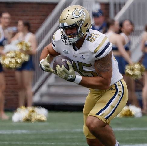 Tight end Billy Ward makes a reception during Georgia Tech's spring football game in Atlanta on Saturday, April 15, 2023.   (Bob Andres for the Atlanta Journal Constitution)