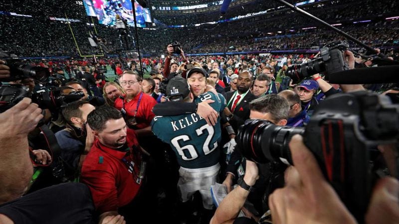 Quarterback Nick Foles, #9 of the Philadelphia Eagles, celebrates with Jason Kelce, #62, after defeating the New England Patriots 41-33 in Super Bowl LII at U.S. Bank Stadium on February 4, 2018 in Minneapolis, Minnesota. 