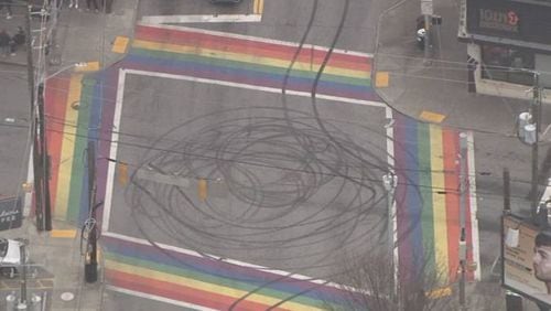 Midtown's rainbow crosswalks at 10th Street and Piedmont Avenue were damaged by alleged street racers. (Credit: Channel 2 Action News)