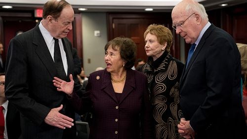 From left, Sen. Richard Shelby (R-Ala.), Rep. Nita Lowey (D-N.Y.), Rep. Kay Granger (D-Texas) and Sen. Patrick Leahy (D-Vt.) confer before a meeting.  Lowey and Shelby, who lead the House and Senate Appropriations committees, on Thursday jointly announced what they called an “agreement in principle” on a government spending measure, along with the ranking minority members of both panels.