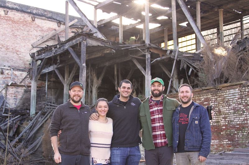 Adam Beauchamp (Co-founder & Brewmaster), Katie Beauchamp (Tasting Room General Manager & Community Outreach), Chris Herron (Co-founder & CEO), Blake Tyers (Wood Cellar & Specialty Brand Manager), and David Stein (Co-founder & Head Brewer). Credit: Creature Comforts.