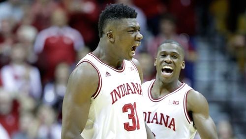 Thomas Bryant (left) and Josh Newkirk of the Indiana Hoosiers celebrate in the game against the Penn State Nittany Lions at Assembly Hall on February 1, 2017 in Bloomington, Indiana. (Photo by Andy Lyons/Getty Images)