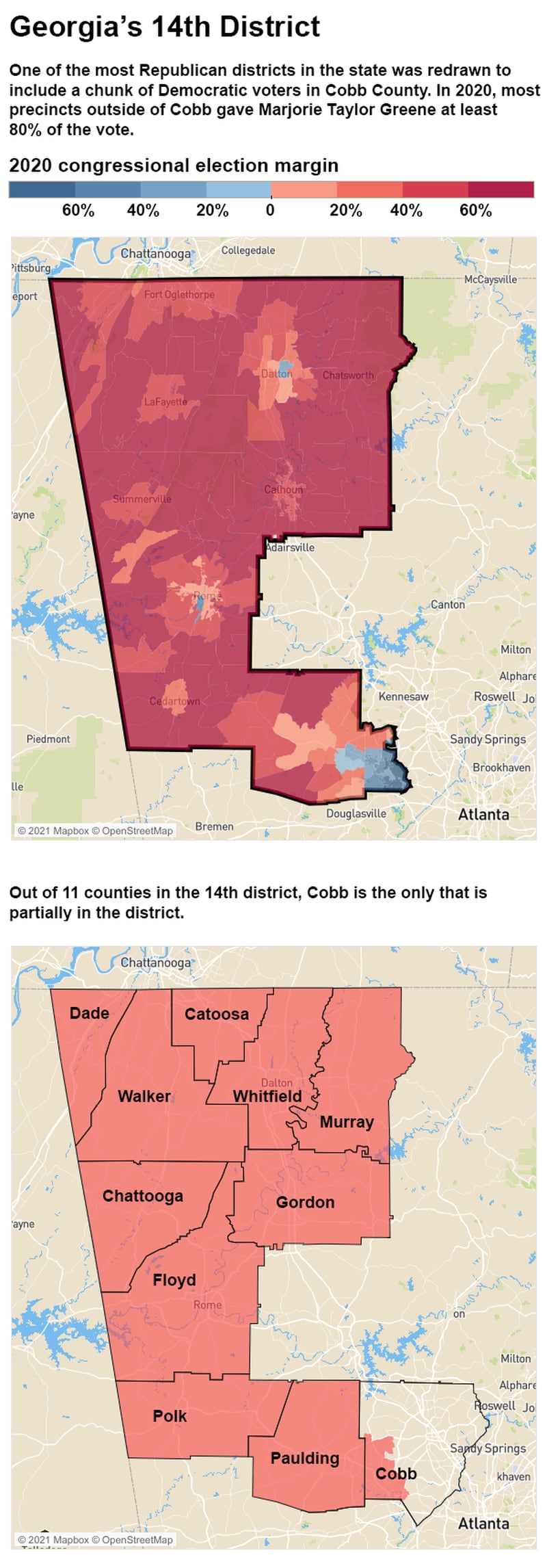 Georgia's 14th Congressional District was redrawn to include a portion of Democratic leaning Cobb County.