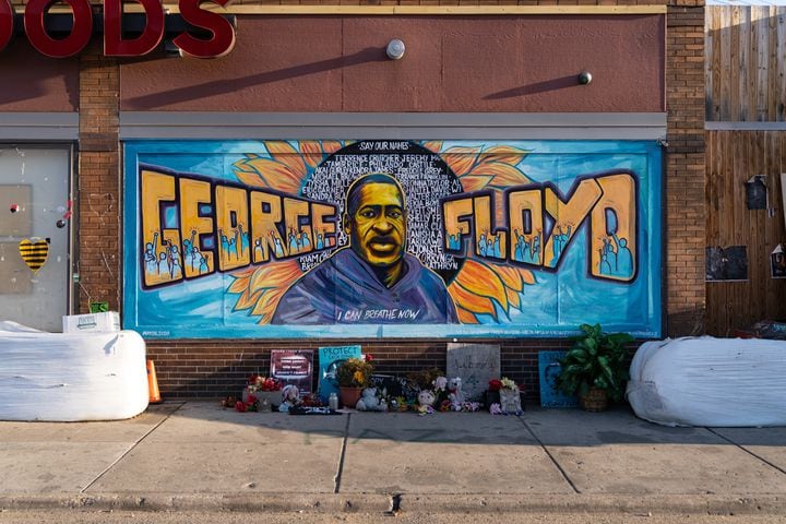 The mural in memory of George Floyd, on the side of Cup Foods at George Floyd Square in Minneapolis on Monday, March 29, 2021.  (Aaron Nesheim/The New York Times)
