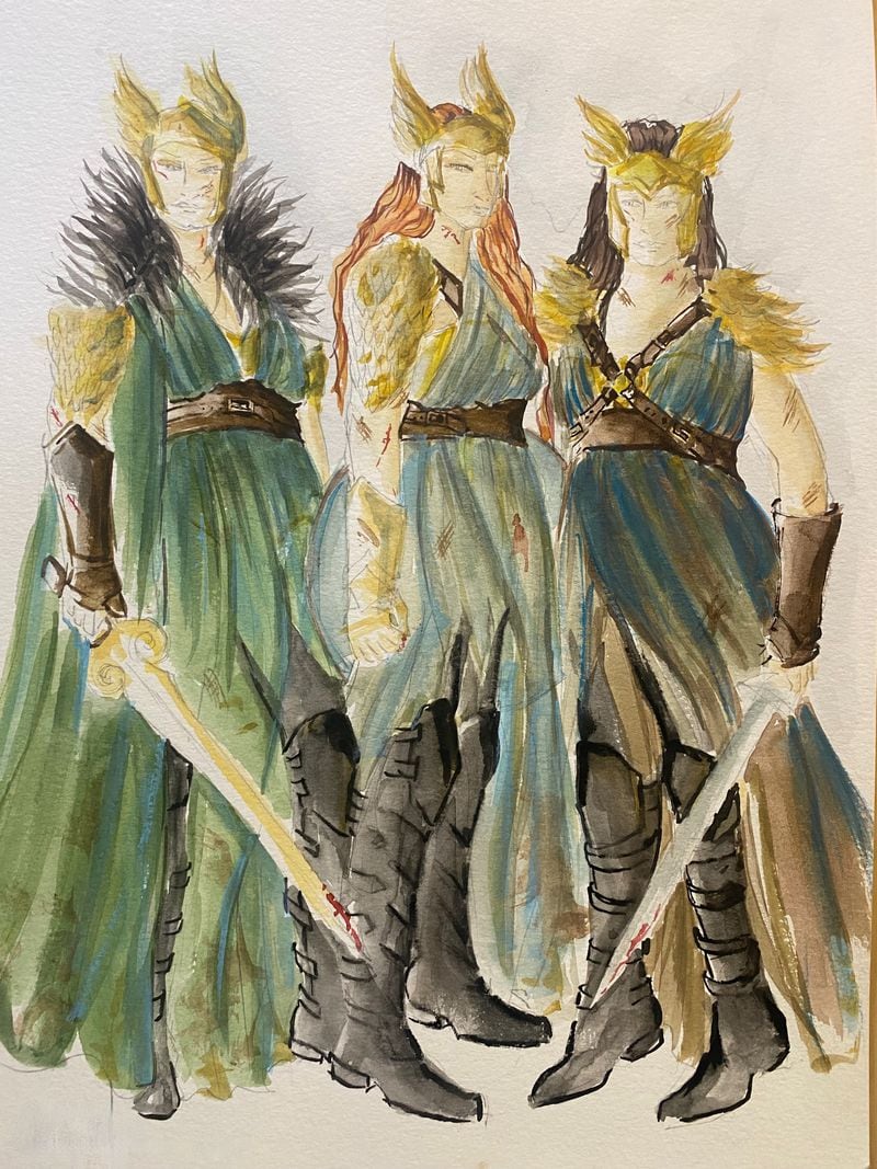 A sketch by costume designer Mattie Ulrich of Brünnhilde, center, and two of her sisters — three of the eight Valkyries, the warrior goddesses responsible for ferrying souls from the battlefield to Valhalla. 