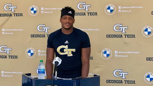 Georgia Tech defensive end Jordan Domineck meets with media on August 12, 2021 at Bobby Dodd Stadium after a preseason practice. (AJC photo by Ken Sugiura)
