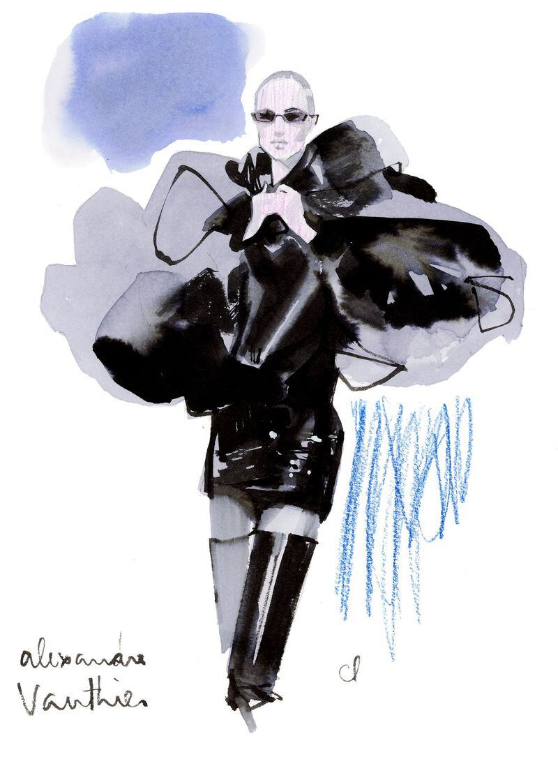 “Alexandre Vauthier, Madame Figaro” in ink on paper by Marc-Antoine Coulon. CONTRIBUTED BY MARC-ANTOINE COULON AND MADAME FIGARO