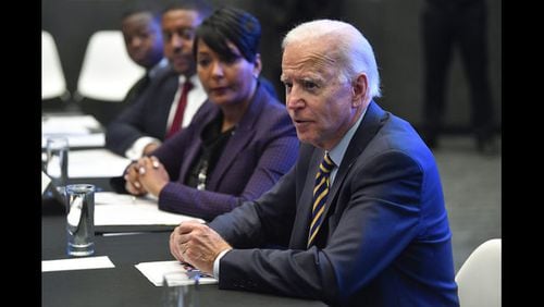 Former U.S. Vice President and 2020 Democratic presidential candidate Joe Biden reacts as he is introduced by Atlanta mayor Keisha Lance Bottoms during an assembly of Southern black mayors Thursday, Nov. 21, 2019 in Atlanta. (AP Photo/John Amis)