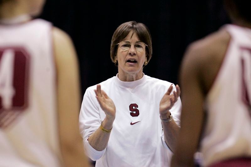 FILE - Stanford head coach Tara Vanderveer talks with team during practice at the women's NCAA college basketball regional tournament in Berkeley, Calif., Friday, March 27, 2009. VanDerveer, the winningest basketball coach in NCAA history, announced her retirement Tuesday night, April 9, 2024, after 38 seasons leading the Stanford women’s team and 45 years overall. (AP Photo/Paul Sakuma, File)