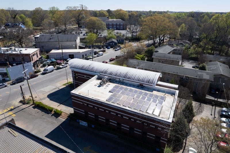 Solar panels on the roof of Atlanta fire station 18 in Kirkwood shot on Wednesday, March 15, 2023. Ben Gray for the Atlanta Journal-Constitution