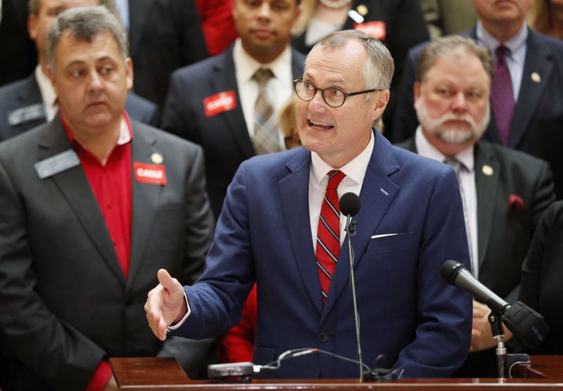 3/6/18 - Atlanta - Lt. Gov. Casey Cagle, surrounded by supporters, addresses the media after he qualified to run for governor this afternoon.  Qualifying for Georgia's 2018  elections began Monday and runs through Friday.  Georgia has races for Governor, Lieutenant Governor and other statewide posts, and every congressional seat nationwide is up for a vote in November.  BOB ANDRES  /BANDRES@AJC.COM