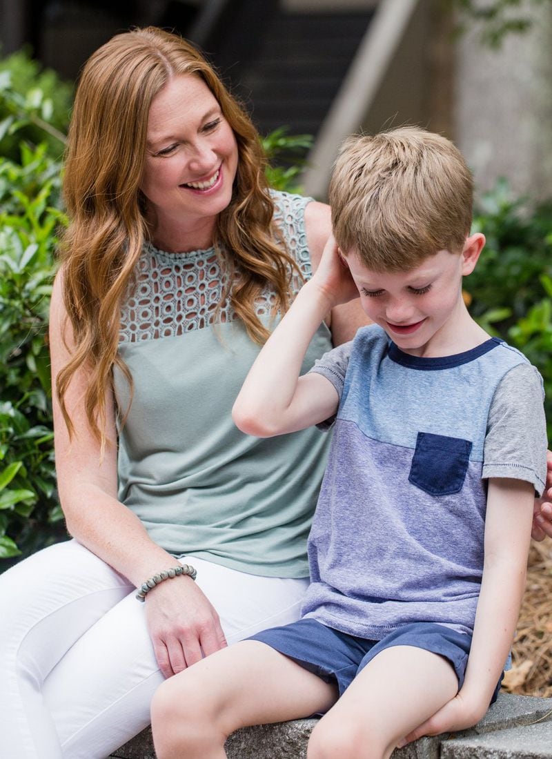 Alison Thomas and her son 6-year-old son, Grayson, talk with each other Tuesday, June 9, 2020. (Jenni Girtman for The Atlanta Journal-Constitution)