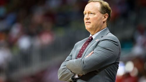 ATLANTA, GA - APRIL 22: Head coach Mike Budenholzer of the Atlanta Hawks looks on during the first quarter against the Washington Wizards in Game Three of the Eastern Conference Quarterfinals during the 2017 NBA Playoffs at Philips Arena on April 22, 2017 in Atlanta, Georgia. NOTE TO USER: User expressly acknowledges and agrees that, by downloading and or using the photograph, User is consenting to the terms and conditions of the Getty Images License Agreement. (Photo by Daniel Shirey/Getty Images)