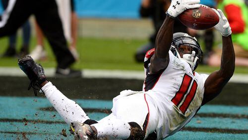 Falcons wide receiver Julio Jones is unable to make a pass reception in the end zone during fourth quarter Sunday, Nov. 5, 2017, against the Carolina Panthers.