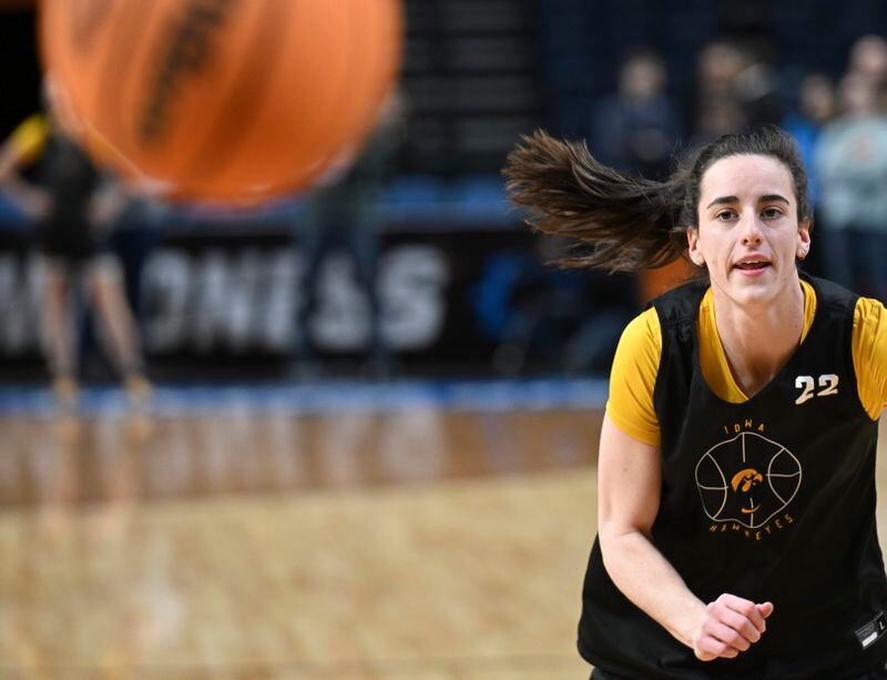 Iowa's Caitlin Clark (22) is seen during a morning practice session at a college basketball NCAA Tournament in Albany, N.Y. Friday, March 29, 2024. Iowa plays Colorado in a Sweet 16 game on Saturday. (AP Photo/Hans Pennink)