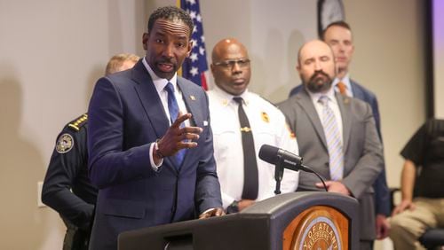 Atlanta Mayor Andre Dickens speaks during a press to discuss “targeted attacks by extremists” opposed to the Public Safety Training Center, at the Atlanta Public Safety Headquarters on Wednesday in Atlanta. Jason Getz / Jason.Getz@ajc.com)