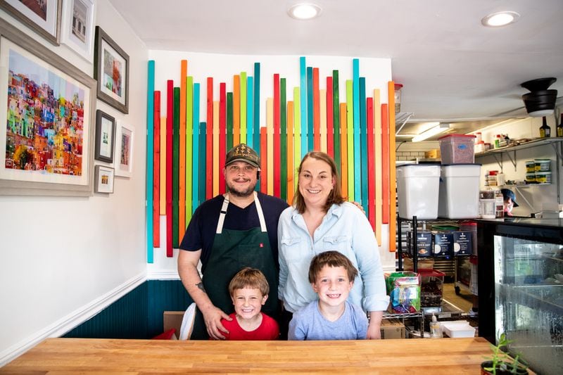 Poco Loco owner Nick Melvin with his wife, Kristen, and sons Pern (in front of Kristen) and Lyle. (Mia Yakel for The Atlanta Journal-Constitution)