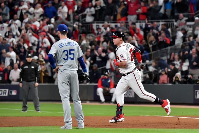Braves rightfielder Joc Pederson jogs around the bases after hitting a two-run home run during the fourth inning of Game 2 of the NLCS Sunday, Oct. 17, 2021, against the Los Angeles Dodgers at Truist Park in Atlanta. (Hyosub Shin / Hyosub.Shin@ajc.com)