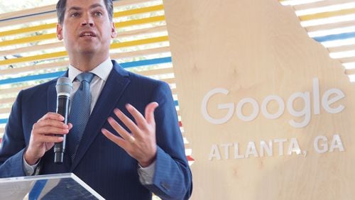 Lt. Gov. Geoff Duncan speaking at Google’s Midtown office groundbreaking on Monday. (Credit: Raisa Habersham/raisa.hbaersham@ajc.com)