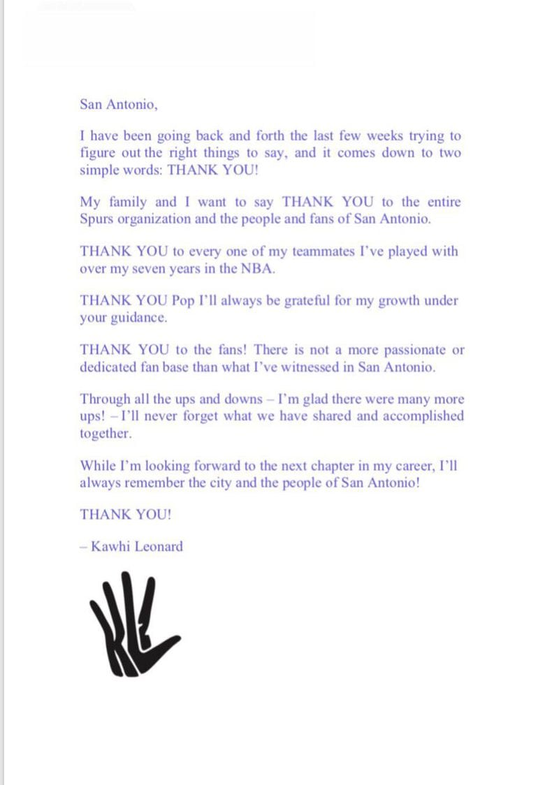 A copy of the letter from former San Antonio Spurs star Kawhi Leonard sent to the San Antonio Express-News Thursday, Aug. 9, 2018. In the letter, Leonard addressed his trade to the Toronto Raptors and thanked San Antonio for the support over the past seven years of his career.