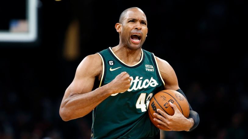 Boston Celtics' Al Horford reacts in the first half during Game 1 in the first round of the NBA basketball playoffs against the Atlanta Hawks, Saturday, April 15, 2023, in Boston. (AP Photo/Michael Dwyer)