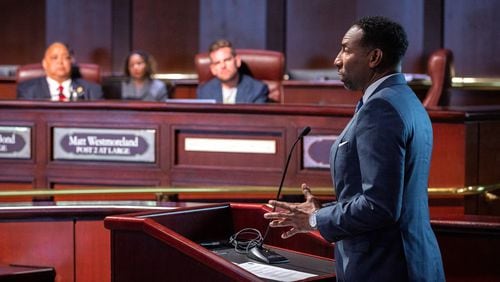 Mayor Andre Dickens updates the city council about the city’s water failure during a council meeting at City Hall in Atlanta on Monday, June 3, 2024. The water crisis has reached its fourth day following the breakage of several pipes. (Arvin Temkar / AJC)