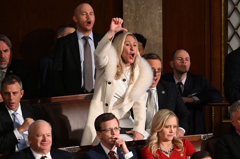 U.S. Rep. Marjorie Taylor Greene of Rome was among a group of Republicans who heckled President Joe Biden during his State of the Union address when he said some members of the GOP have threatened to curtail Medicare and Social Security — a reference to a proposal by Florida U.S. Sen. Rick Scott. Greene shouted, "Liar!" (Jim Watson/AFP/Getty Images/TNS)