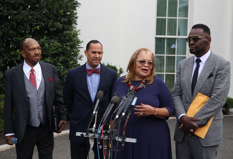Alveda King (2R), niece of Dr. Martin Luther King Jr., speaks to the media following a meeting with U.S. President Donald Trump and other faith-based inner-city leaders at the White House on July 29, 2019 in Washington, DC. U.S. President Donald Trump has again been labeled a racist after launching a Twitter attack on Rep. Elijah Cummings and the district he represents say that Baltimore is, disgusting, rat- and rodent-infested.  