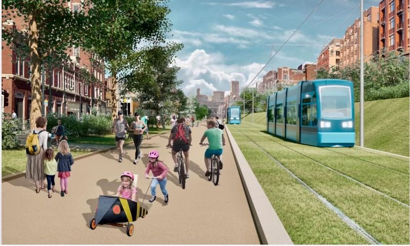 A happy rendition of what light rail might look like on the Beltline. Notice the trimmed, green, trash-free grass. Courtesy of Atlanta Beltline Inc.