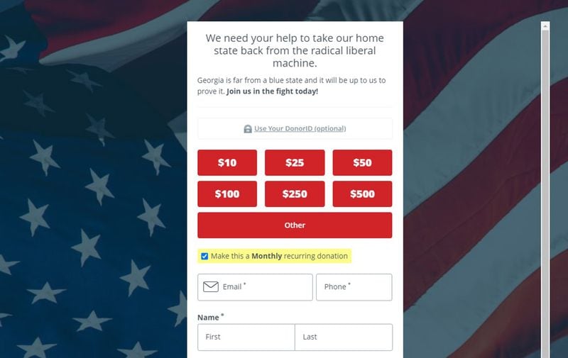 A screenshot taken May 12 of the donate page on the website for Greater Georgia, the voter registration group that former U.S. Sen. Kelly Loeffler created, shows a pre-checked box indicating that the contributor will be making donations on a monthly basis. Greater Georgia recently changed the site to no longer make its donors opt out of recurring contributions.